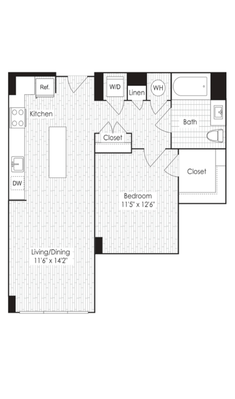 Floor plan for 1 bed, 1 bath, 725 sqft